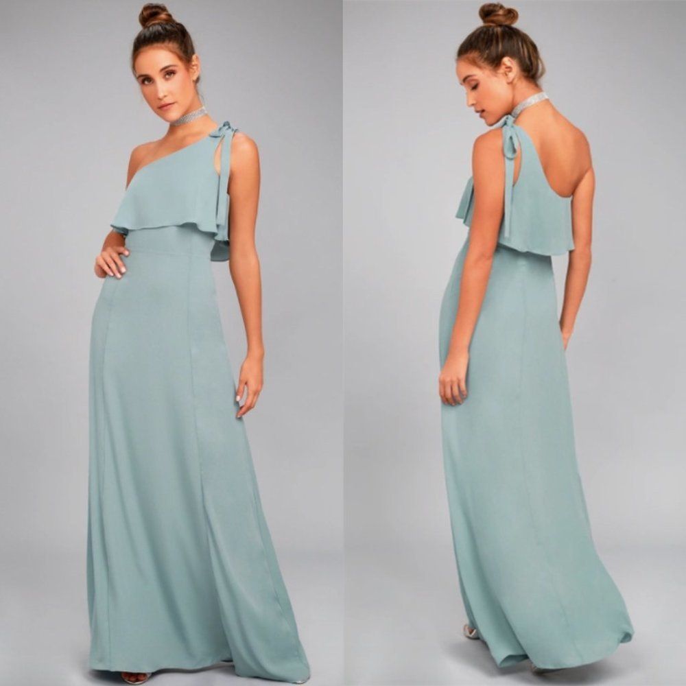 NWT Lulu’s Dusty Sage One Shoulder purpose maxi bridesmaid wedding guest dress